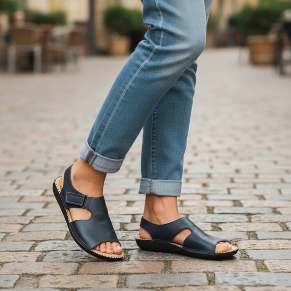 Naturalizer Scout Navy Blue Genuine Leather Women’s Comfort Flat Sandals 11 NWOB - Picture 1 of 9